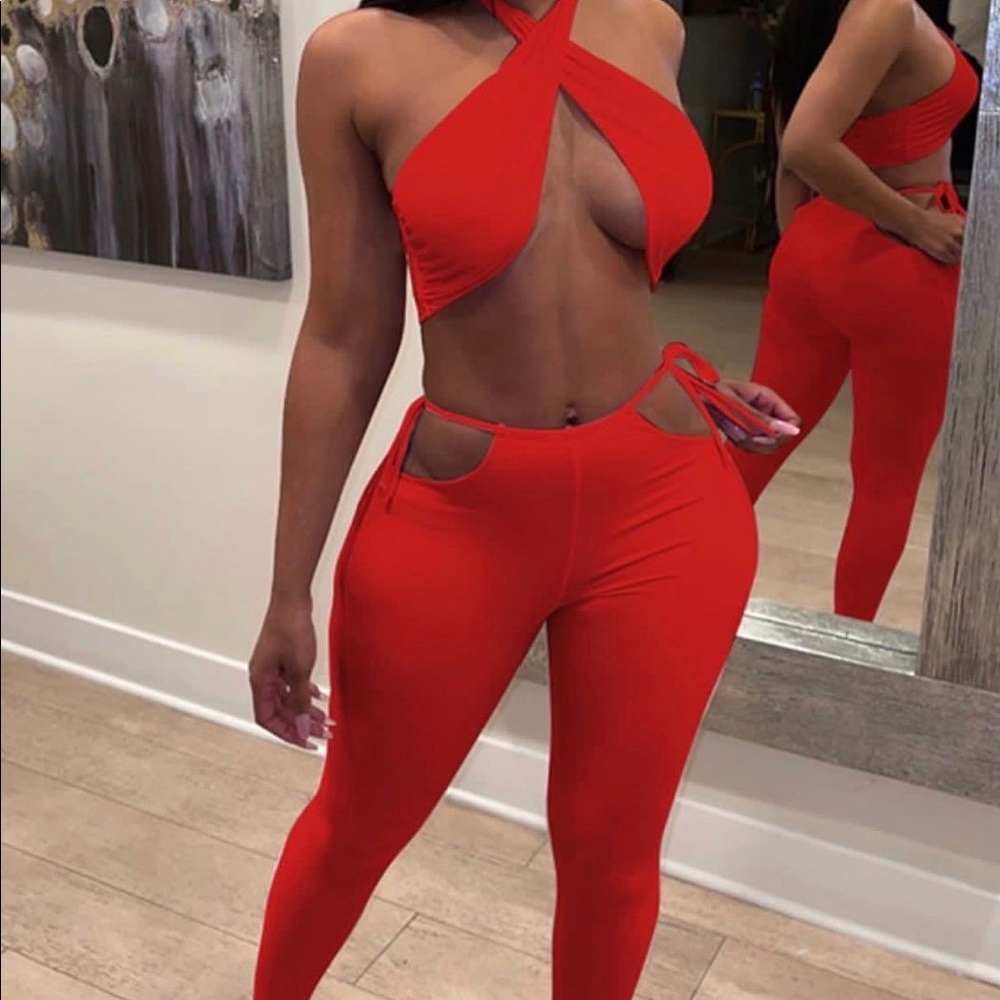 Sexy red, sleek two piece tie up set, cotton and spandex material,tight,stretchy